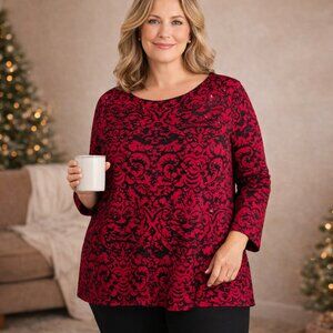 J. Jill Jacquard Tunic Sweater 3X Red Black Damask Rhinestone Sparkle Holiday